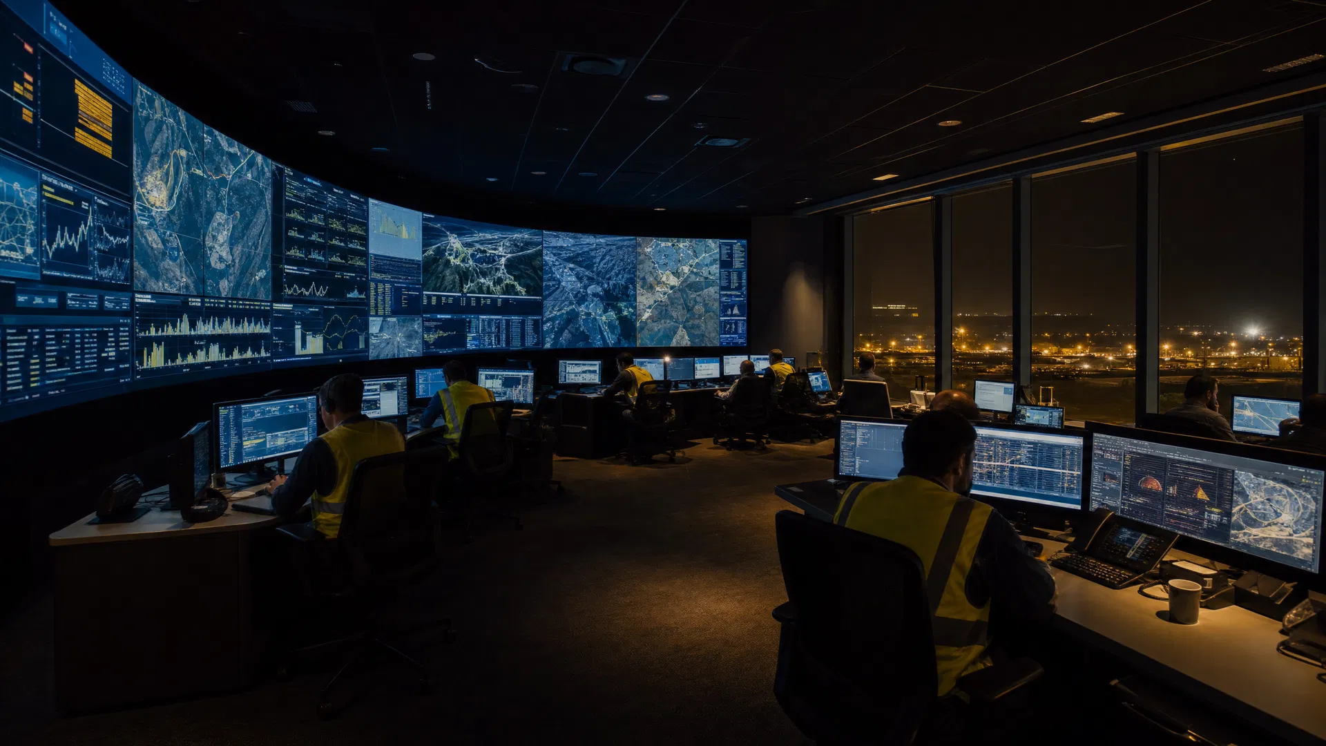 Mining control room with operators and multiple operational displays
